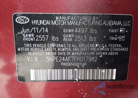 2015 Hyundai Sonata Se из США, поврежденный, VIN 5NPE24AF7FH017982